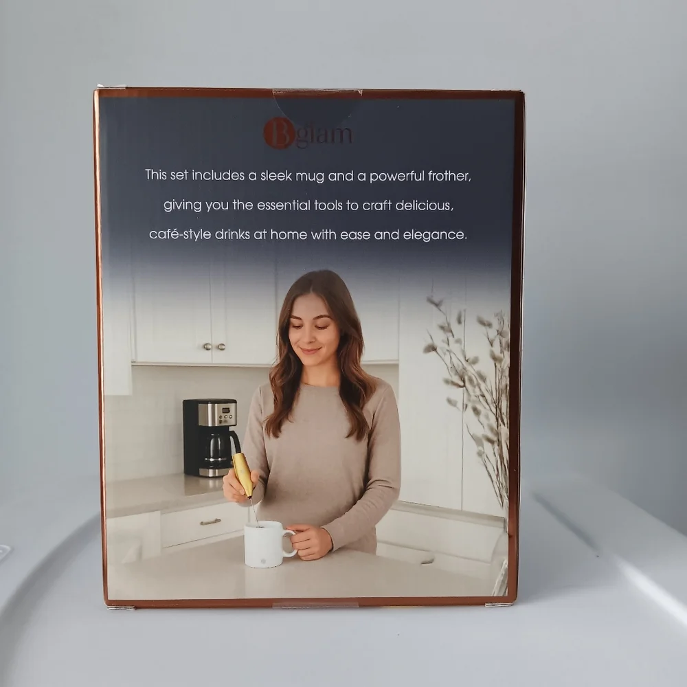 B Glam Ceramic Coffee Mug and Frother Boxed Gift Set Kitchen Home White Gold